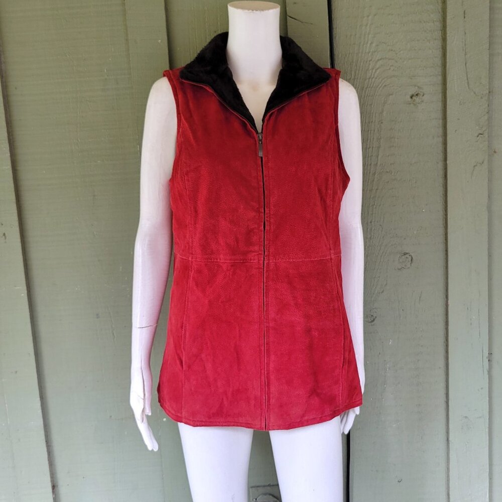 NWT DENIM & Co. Red Suede Leather Faux Fur Vest Gilet XS